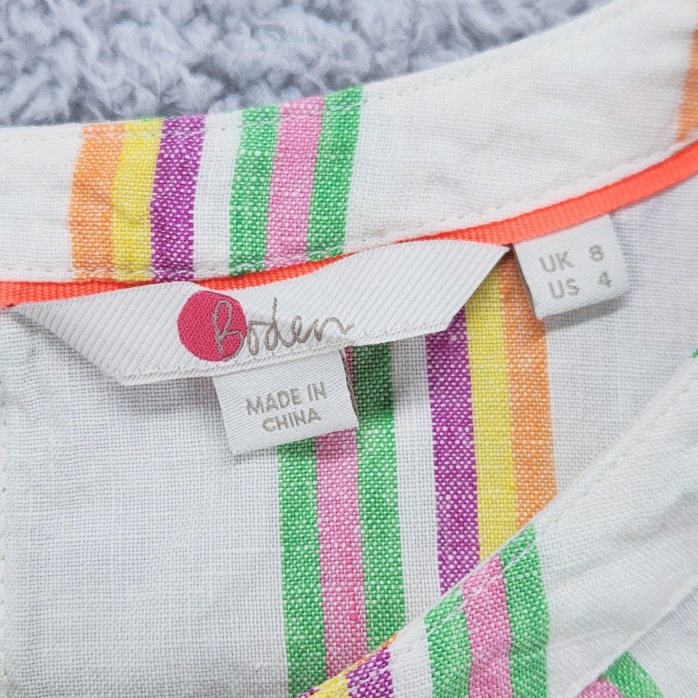 Boden Linen Tunic Blouse Womens 4 Multicolor Stripe 3/4 Sleeve Button Boat Neck - Picture 2 of 12